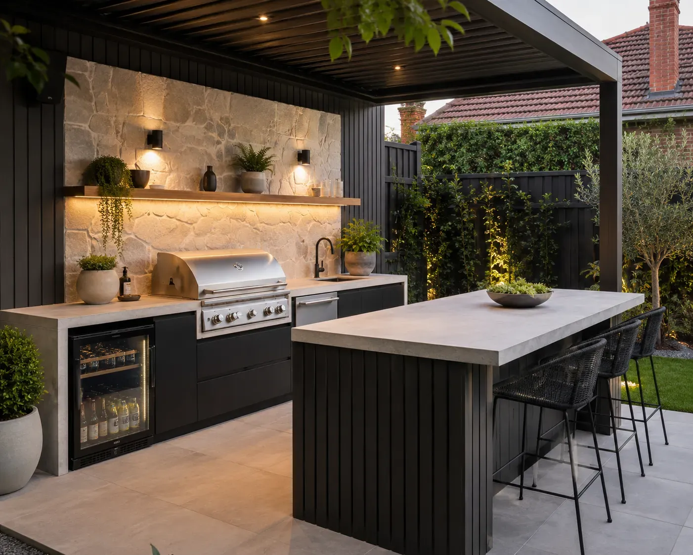 Outdoor kitchen island bench with bar seating under a covered patio