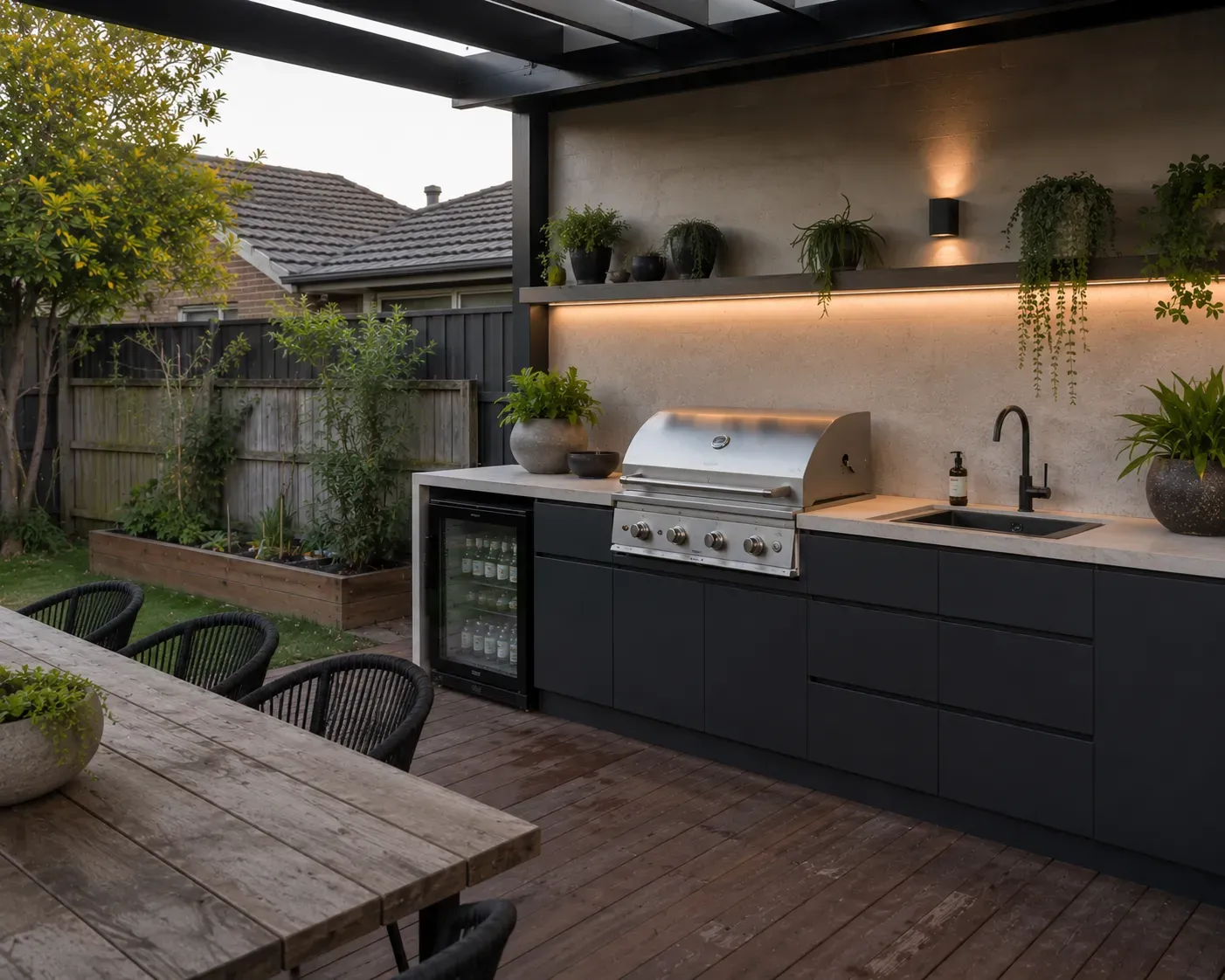 Outdoor kitchen with dark cabinetry and dining table on a covered deck