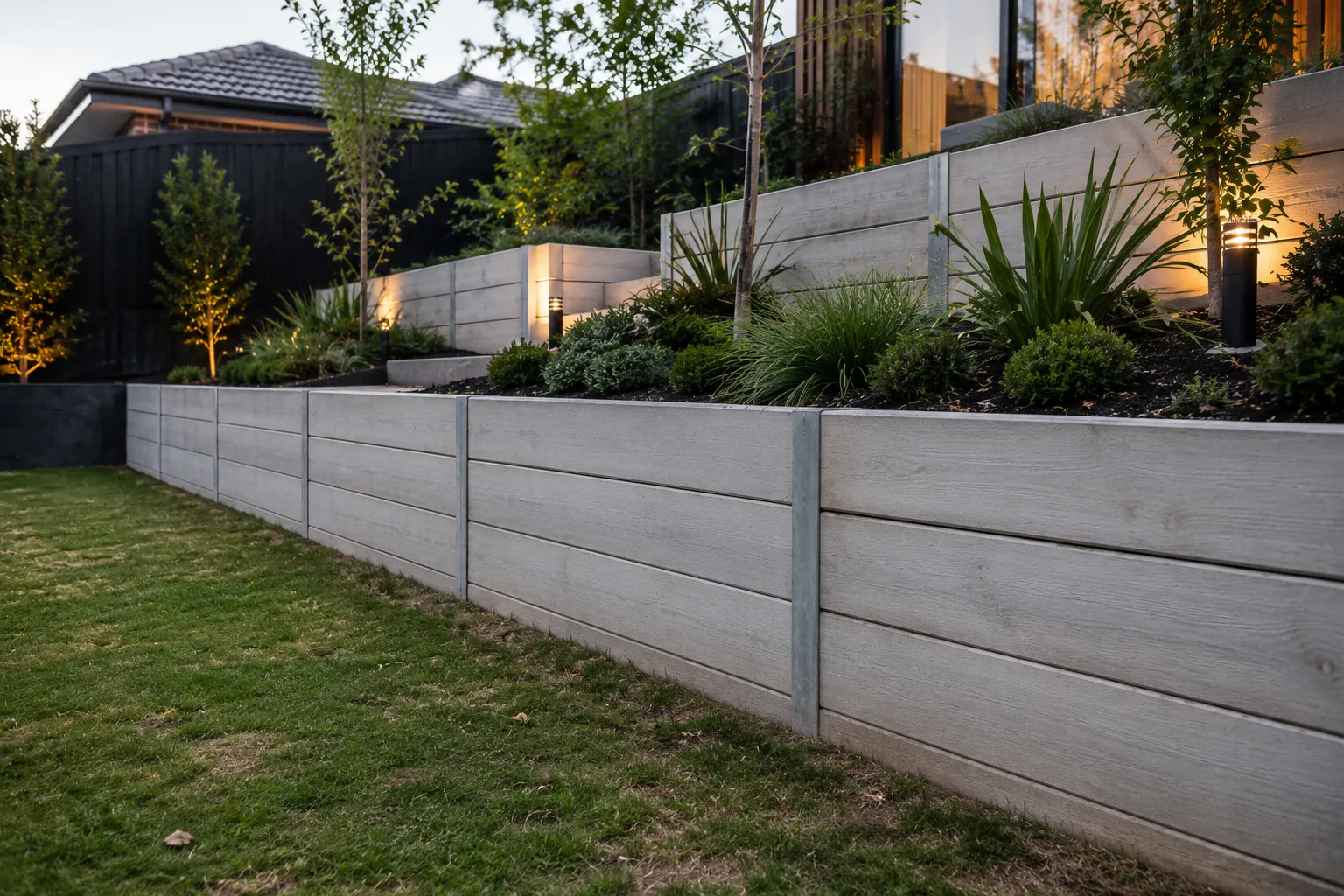 Concrete sleeper retaining wall with terraced garden beds and feature lighting