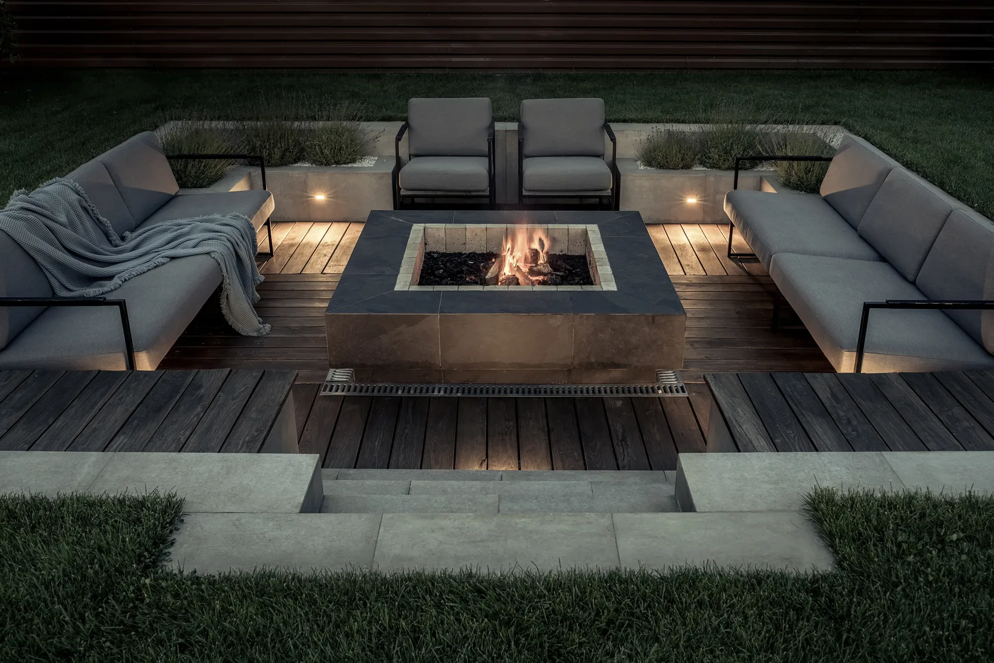 Fire pit lounge area with a Gold Coast hinterland view