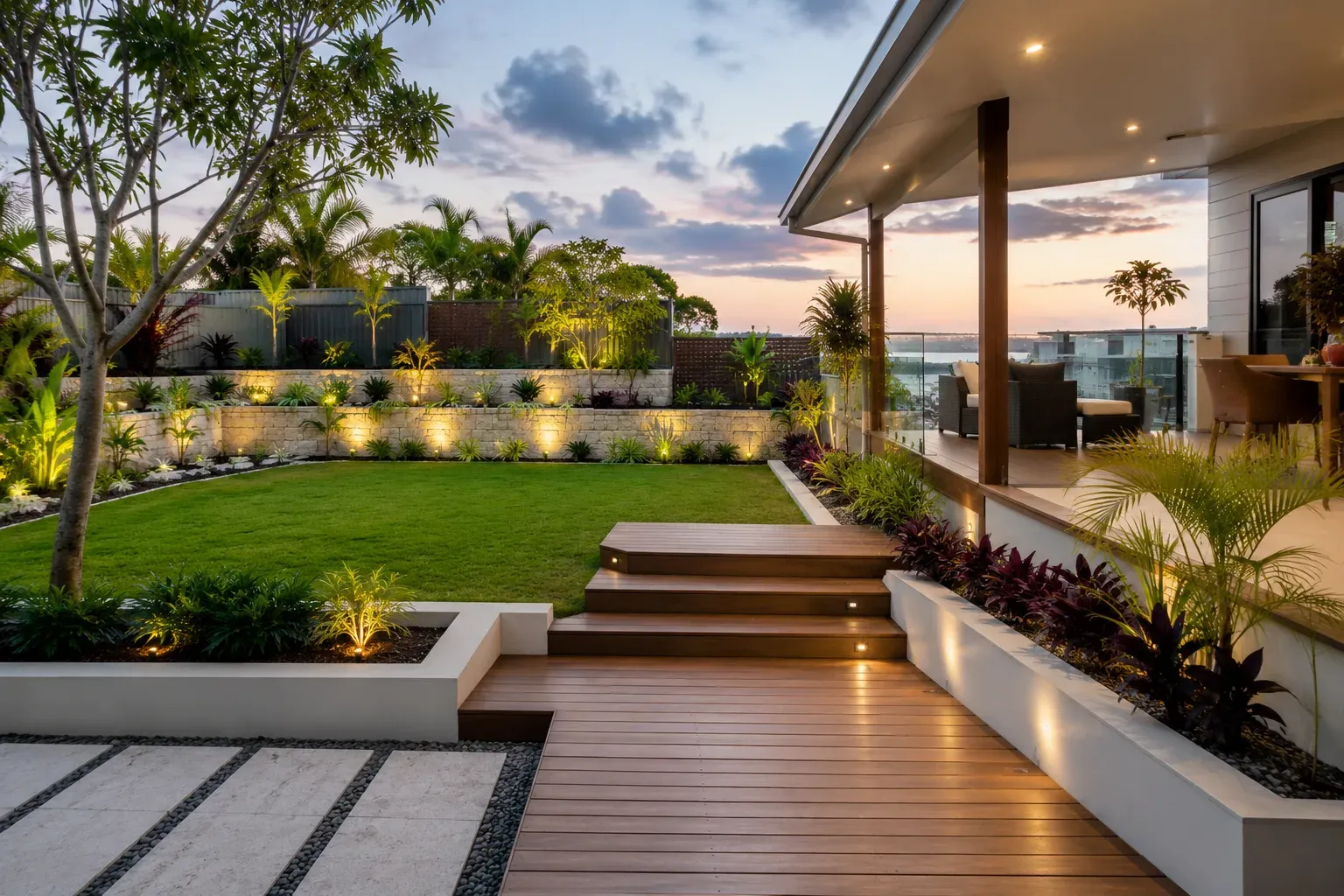 Stone retaining wall along a backyard lawn with lit garden bed at dusk