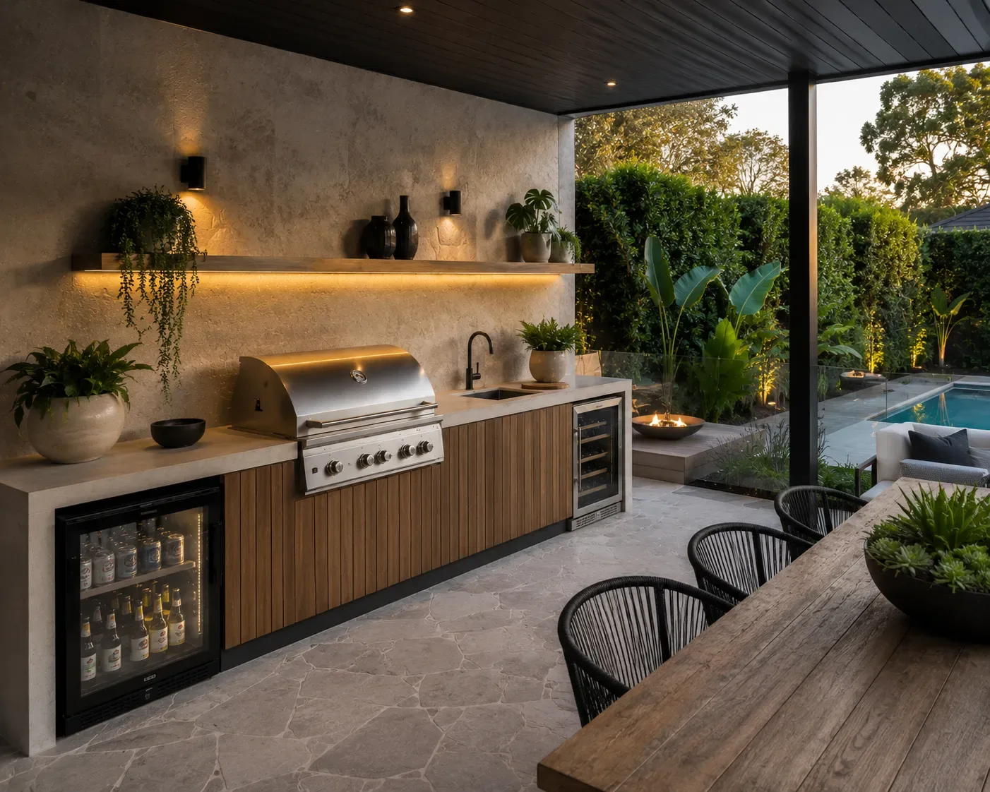 Outdoor kitchen with built-in barbecue and dining table beside a pool